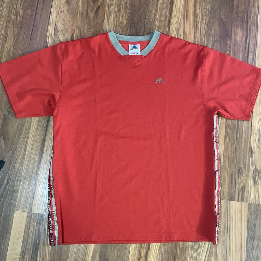 VTG 90s Adidas Red Embroidered Olive Green Three Stripes Soccer Jersey Men’s L‎